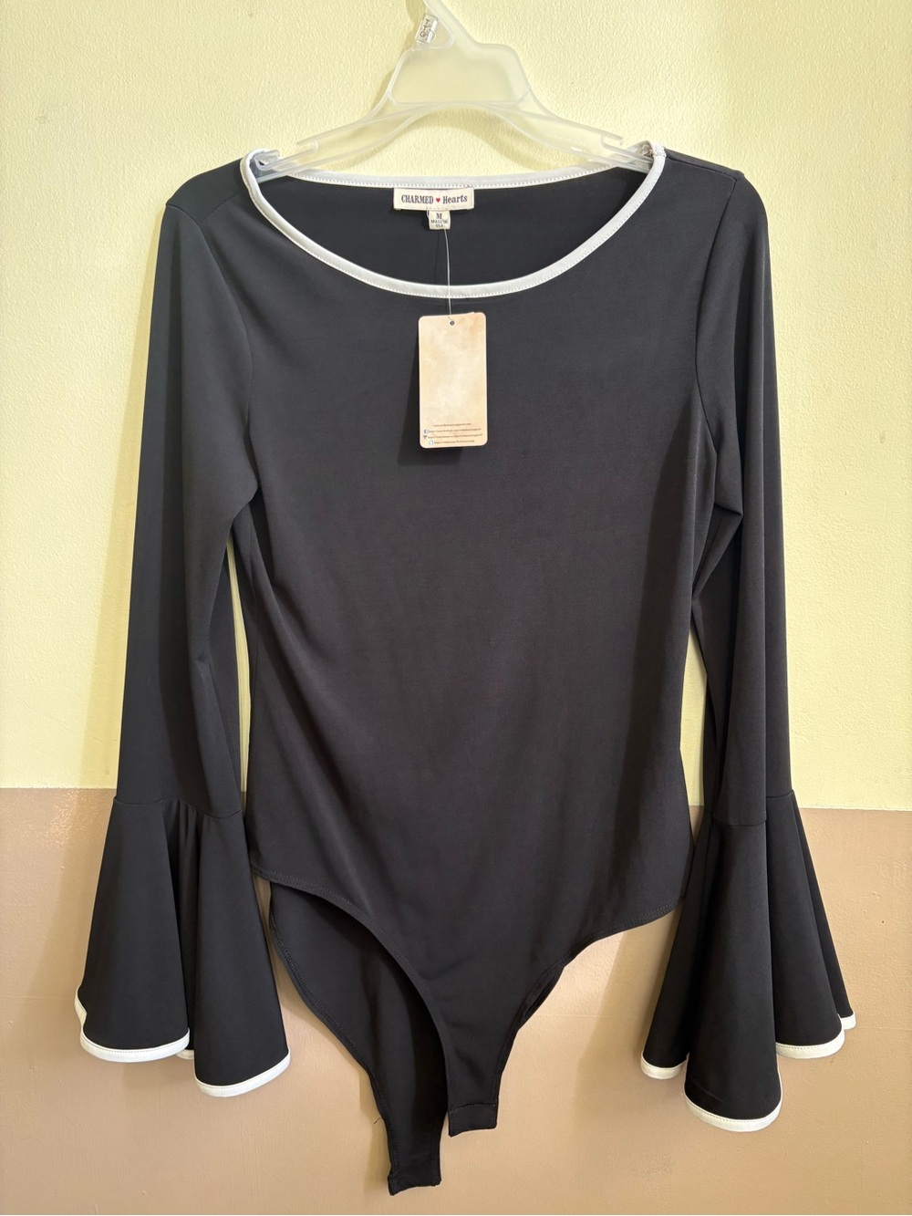 Chaser Black Bodysuit with White Trim and Bell Sleeves